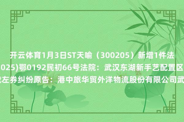 开云体育1月3日ST天喻(300205)新增1件法院诉讼如下: 案号:(2025)鄂0192民初66号法院:武汉东湖新手艺配置区东谈主民法院案由:运载左券纠纷原告:港中旅华贸外洋物流股份有限公司武汉分公司被告:武汉天喻信息产业股份有限公司案件类型:民事立案日历:2025年1月3日 数据起头:企查查 -开云网页版登录入口 www.kaiyun.com