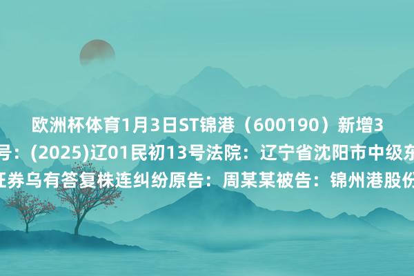 欧洲杯体育1月3日ST锦港（600190）新增3件法院诉讼如下：　　案号：(2025)辽01民初13号法院：辽宁省沈阳市中级东谈主民法院案由：证券乌有答复株连纠纷原告：周某某被告：锦州港股份有限公司案件类型：民事立案日历：2025年1月3日　　案号：(2025)辽01民初12号法院：辽宁省沈阳市中级东谈主民法院案由：证券乌有答复株连纠纷原告：于某某被告：锦州港股份有限公司案件类型：民事立案日历：2